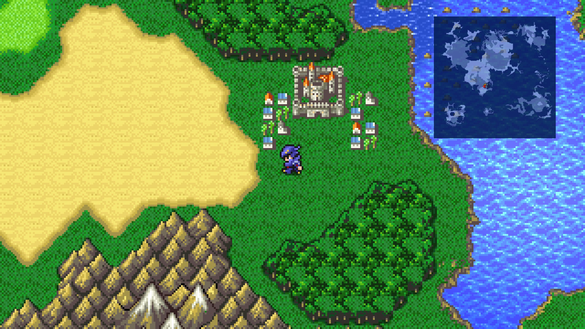 Gameplay screenshot showing dark knight CECIL from Final Fantasy 4 on a world map near a town