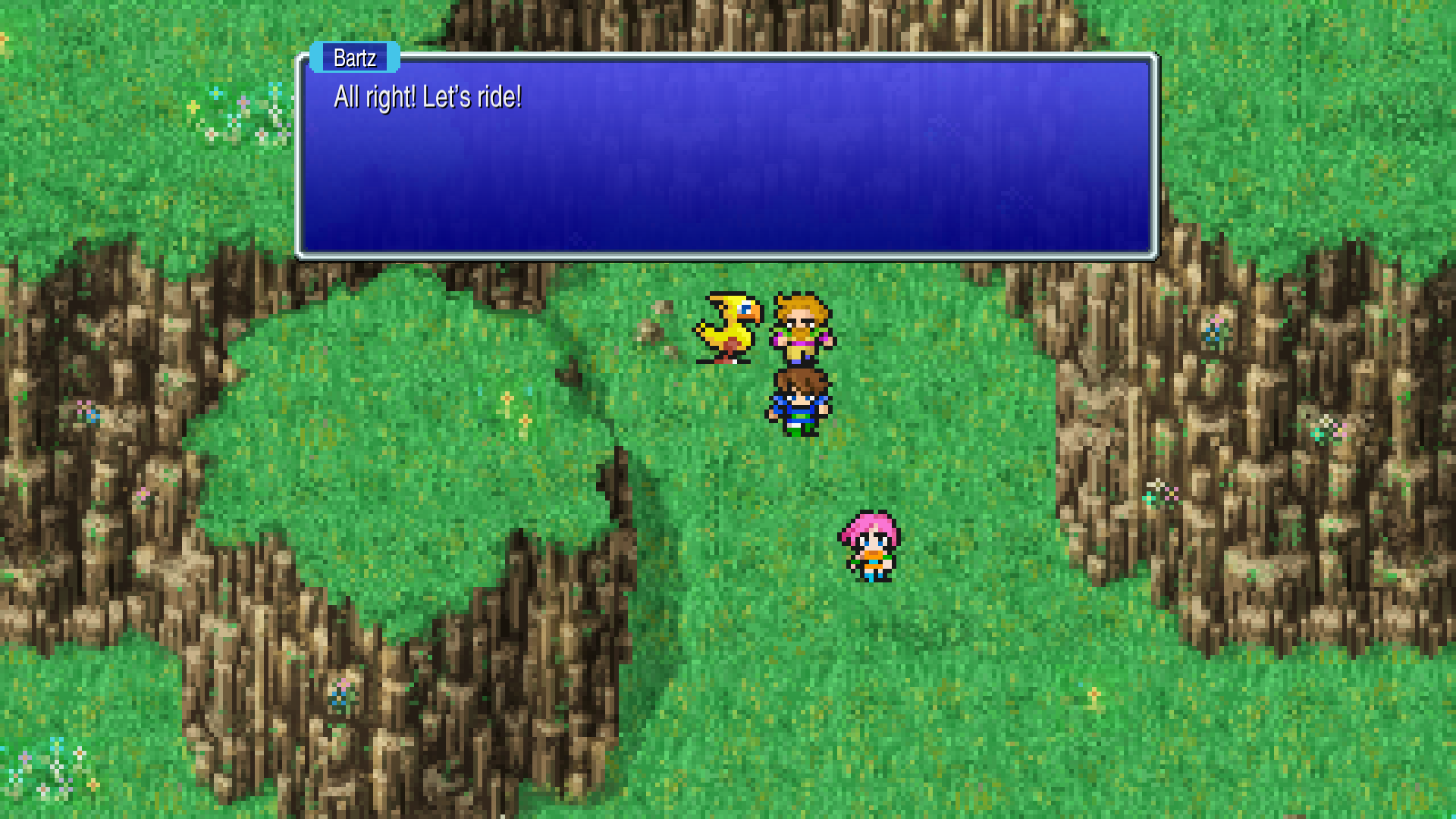 Gameplay screenshot showing the FINAL FANTASY V party with a chocobo on the world map